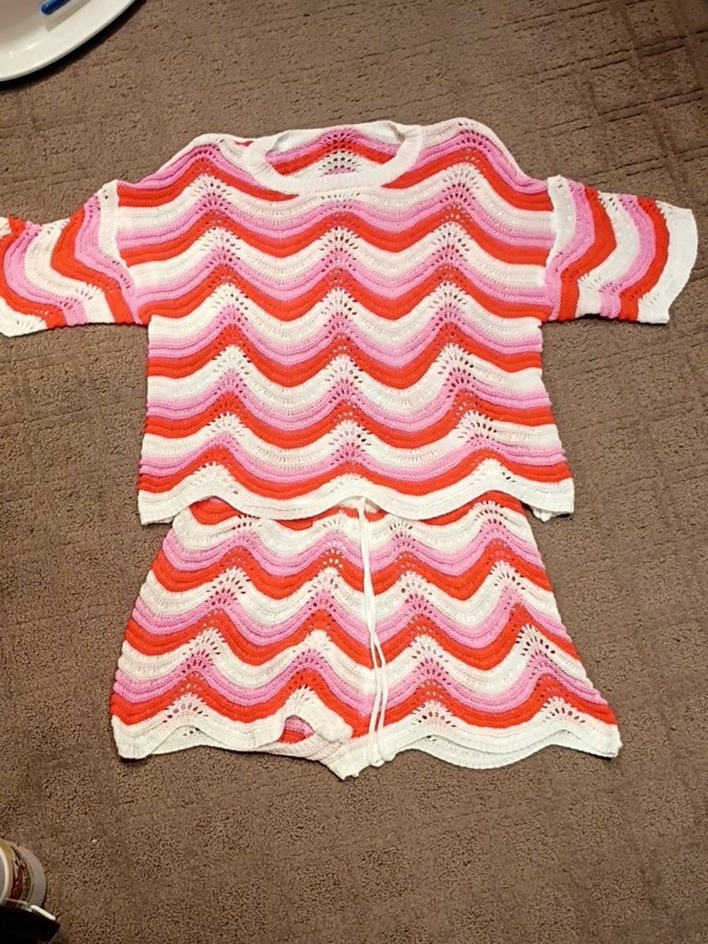 SHEIN White, Pink & Orange Crochet Swim Coverup Set